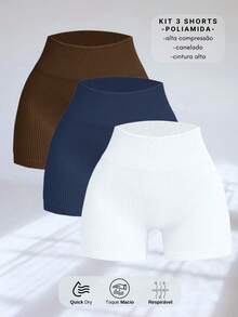 SET OF 3 SEAMLESS RIBBED SHORTS – HIGH COMPRESSION - Marrón/Azul/Blanco - Ver 1
