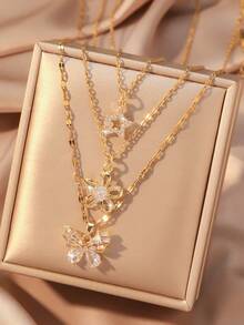 3pcs/Set Fashionable Women Necklace, Star, Planet, Heart Pendant Design, 18K Gold Plated Stainless Steel Chain, Suitable For Daily Wear And Party, Best Jewelry Gift - Gold - View 6