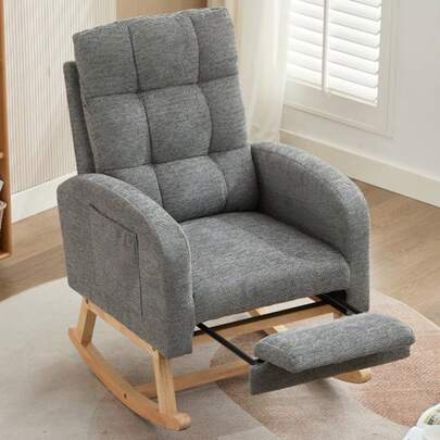 Grey Waffle Fabric Rocking Chair With Adjustable Footrest - Solid Wooden Legs, High Backrest, Side Pockets, Comfortable Living Room Lounge Armchair