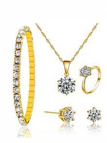 6pcs/Set Fashion Women's Round Steel Band Quartz Watch, Versatile Round Rhinestone Dial, Can Be Matched With Bracelets, Necklaces, Earrings, Rings And Other Jewelry To Form A Jewelry Set, Suitable For Daily Wear, Formal Events And Other Occasions, Also Can Be Used For Holiday Decorations. - Gold - View 6