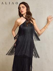 女士奢华露背吊带流苏连衣裙，适合夏季、海滩、派对、白色主题派对、复古风、宫廷风、宴会、情人节、毕业舞会、假日、节日及其他场合。 - 黑色 - 查看 3