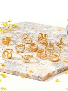 11件套不锈钢不对称液态开口戒指套装，独特几何设计，时尚精致百搭的优雅女士珠宝，适合派对、宴会等场合。 - 金黃色 - 查看 4