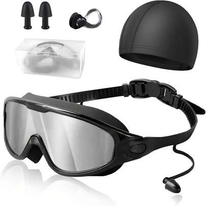 Gafas de Natación, Goggles Antiniebla UV para Adultos, con Protección UV Lentes, Gorro de Natación, Auriculares, Clips para la Nariz y Caja