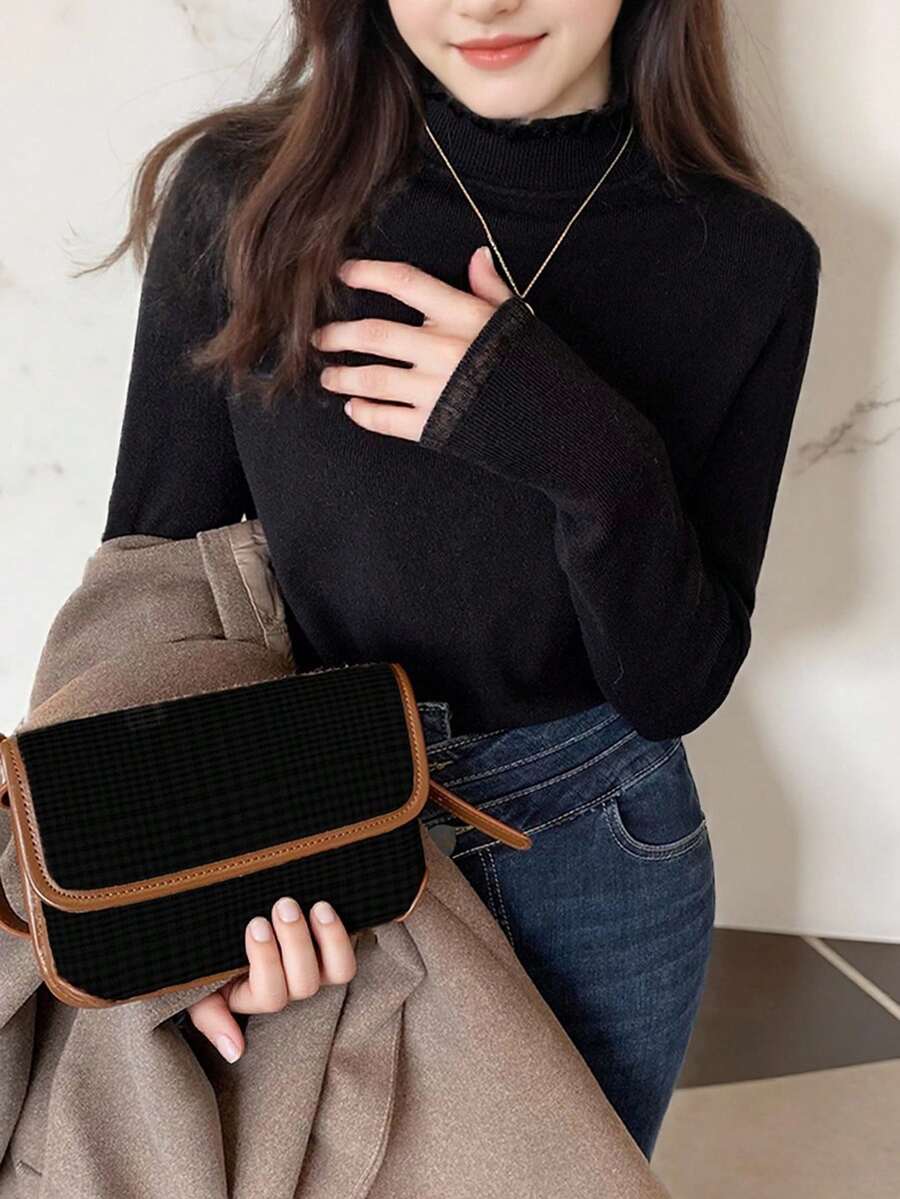 Alicedudu Suéter de cuello alto con volantes de unicolor para mujer - Negro - Ver 1