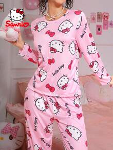 Sanrio 三丽鸥两件套女士Hello Kitty睡衣，粉色Hello Kitty睡衣，字母蝴蝶结印花，长袖长裤睡衣套装，可爱睡衣套装，家居服套装 - 粉色 - 查看 4