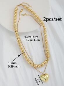 2件套波西米亚风奢华夸张金色心形吊坠串珠项链和不锈钢颈链套装，优雅个性项链，适合所有季节佩戴 - 金色 - 查看 6