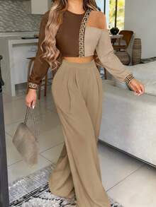 Casual Style Slim Stitching Printing Long-Sleeved Round Neck T-Shirt Shirt Woven Straight Trousers Ladies Summer Clothing Two Pieces Suit