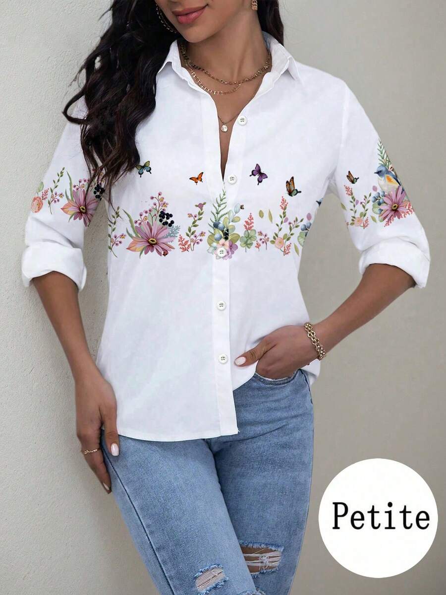 Petite Women Loose Casual Long Sleeve Shirt - White - View 1