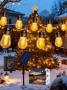 Outdoor Waterproof Solar Lamp, With IP67 Waterproof Rating, Equipped With 15 Bulbs, 2500 MAh Battery, Solar Power Supply, LED String Lights, Length 34 Feet, Warm White 3000K Light, Suitable For Garden, Garden, Camping Decoration. - 暖白色 - 查看 2