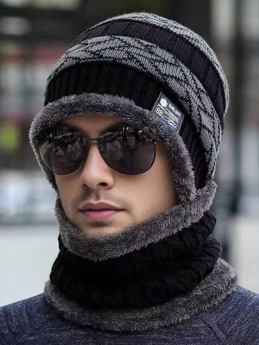 1pc Men's Simple Knitted Scarf & Hat Set, Warm Thick Knitted Hat With Face Mask, Suitable For Outdoor Activities, Halloween And Other Winter Accessories - Multicolor - View 1