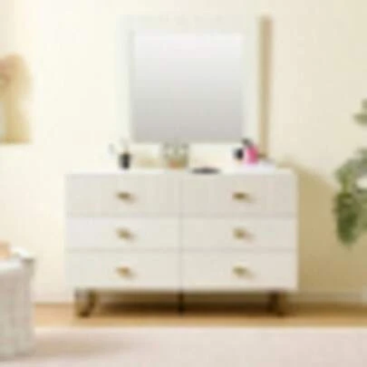 Modern Sideboard- Und Spiegel-Set In White – Elegant Combination With 6-Schubladen-Kommode Mit Goldenen Akzenten & Quadratischem Wandspiegel 80x80 Cm – Perfect For Flur, Schlafzimmer Und Wohnzimmer