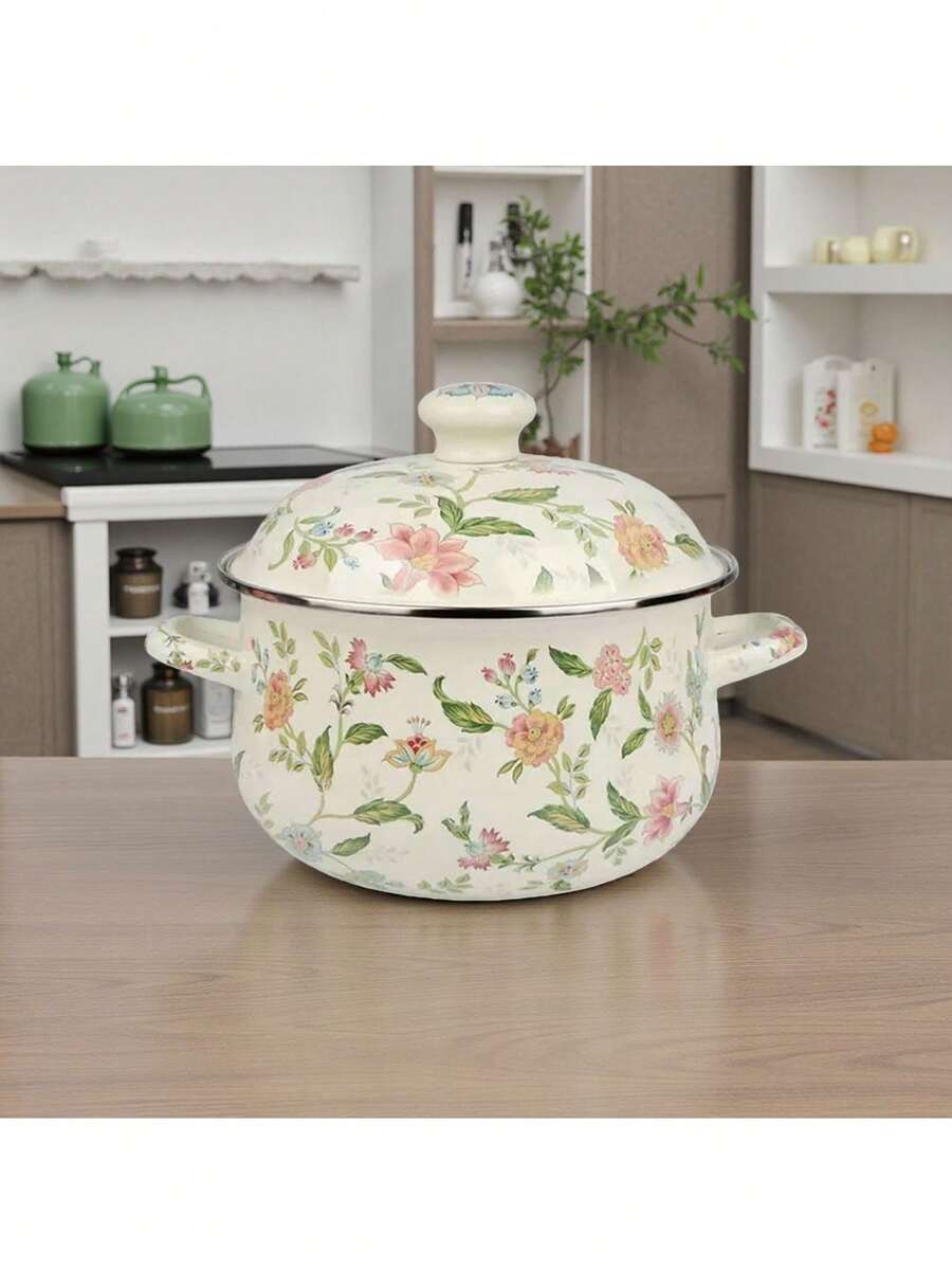 1pc Enamel Ceramic Pot, Dual Ear Soup Pot, Stew Pot With Lid, Non-Stick Pot, Suitable For Gas & Induction Cooktop, Thickened Enamel Ceramic Soup Pot, Dual Ear Enamel Ceramic Pot, Household Pot, Pot For Cooking, Frying Pan, Noodle Pot - Multi-colored Enamel Soup Pot - View 1