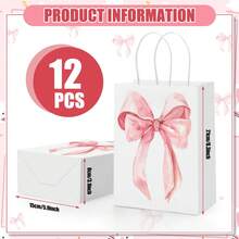 12 个时尚粉色蝴蝶结纸质礼品袋带手柄，适合女孩生日、圣诞派对、糖果袋、新娘订婚派对用品（白色，大蝴蝶结） - 彩色 - 查看 9