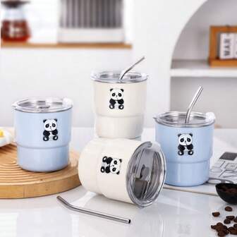 304不锈钢吸管杯，优雅时尚，创意卡通熊猫咖啡杯带盖，可重复使用，冷热饮皆宜，白色，可爱熊猫图案
