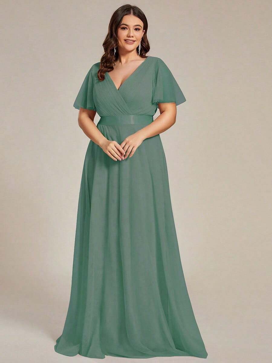 优雅雪纺褶皱高腰绿色伴娘礼服，婚礼宾客正式礼服，秋冬季，新娘母亲礼服，婚礼派对礼服