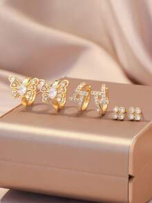 6件套奢华时尚精致18K镀金铜耳环套装，叶子、蝴蝶、四叶草、几何图案设计，适合女性日常佩戴 - 金黃色 - 查看 3