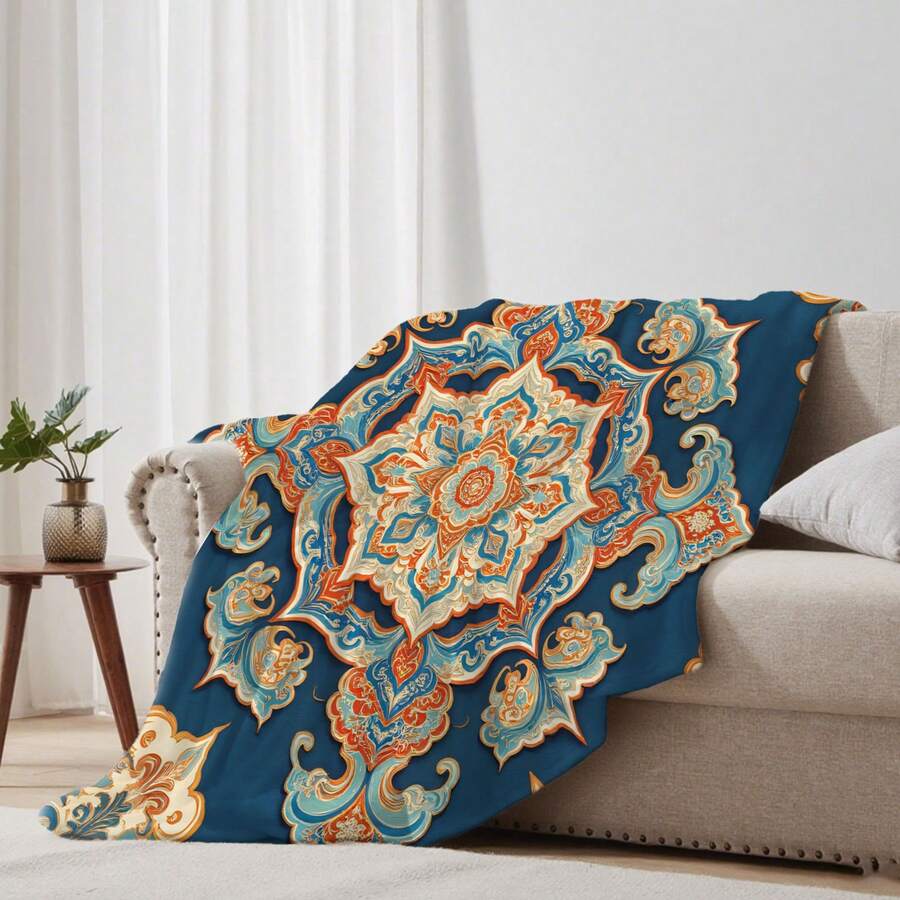 1PC Cozy Flannel Blanket - Scroll Cross Navy Gold Photo Farmhouse Design Digital Printing Light Weight - Suitable For All Seasons, 280gsm For Him And Her, Perfect For Naps, Camping, Travel, Family, Daily Life, Office Decoration, Gifts Provide Personalized Ideal Gifts For Her, Him, Family Members. - 彩色 - 查看 1