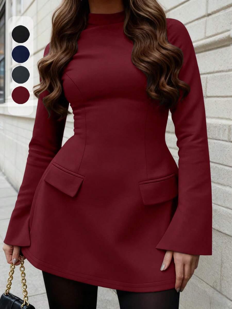 大码女式优雅长袖修身纯色迷你连衣裙，酒红色喜庆新年服装，春秋季，情人节