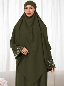 两件套：头巾+长袍，袖口刺绣设计，宽松舒适的穆斯林服饰，适合女性日常穿着和祈祷，四季皆宜 - 彩色 - 查看 14