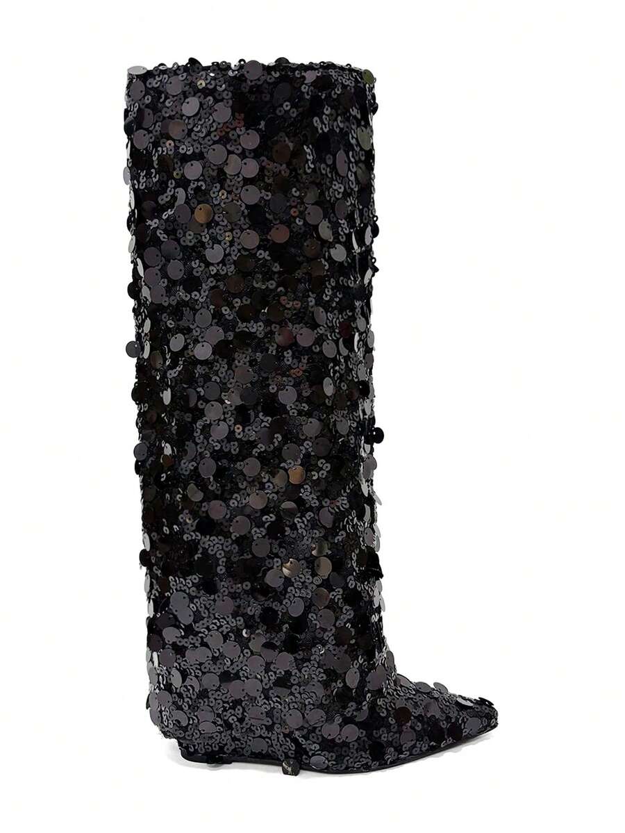 Women's Pointed Toe Glittery Chunky Heel Over-The-Knee Boots - Black - View 1