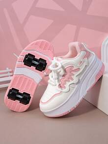 Kids' Roller Skate Shoes With 4 Wheels, Detachable Wheeled Sneakers, Lace-Up Heelys Roller Shoes, Fashion Casual Shoes For Boys And Girls - Pink - View 2