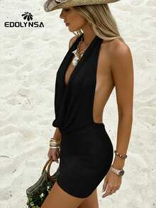 Black Sexy Stacked V Neck Backless Knit Mini Dress 2025 Women Summer Sleeveless Beach Cover Up Vacation Outfit - 黑色 - 查看 3