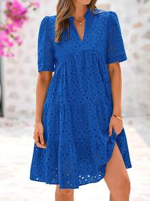 Women Summer Embroidery Eyelet  Short Dress V Neck Short Sleeve Hollow Out Lace Ruffle Tiered Flowy Mini Dress Solid White Casual Boho Bohemian Resort Beach Holiday Vacation Valentine Babydoll Mini Short Dress - 寶藍色 - 查看 3