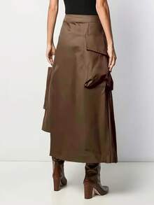 女士纯色不对称休闲半身裙，四季皆宜，黑色工装半身裙，春季款 - 咖啡棕 - 查看 3