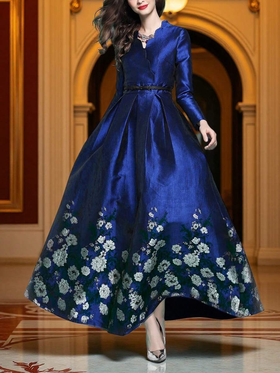 DEVCHATA Luxurious Elegant Jacquard Long Sleeve Deep V-Neck Women's Formal Evening Dress, Woven Fabric, Charming, Suitable For Banquets And Occasions, Autumn/Winter Season, Floral Pattern Placement Random (Belt Not Included)