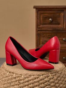 MonaNise Women's Pointed Toe 7cm Chunky High Heel Casual Party Dress Pumps, Versatile For All Seasons - Red - View 3