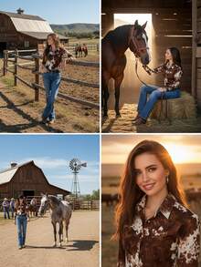 Áo sơ mi kiểu cao bồi miền Tây cổ điển in họa tiết bò sữa, cài cúc phía trước, dáng ôm, tay dài, kiểu dáng thời trang miền Tây đa năng màu trắng, thích hợp cho mùa xuân. - trắng - Xem 4