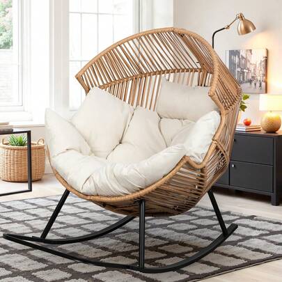 Vongrasig Wicker Rocking Chair PE Rattan With Cushion, Oversized Patio Lounge Rocker Chair Outdoor, Indoor, Livingroom, Backyard, Garden (Beige)