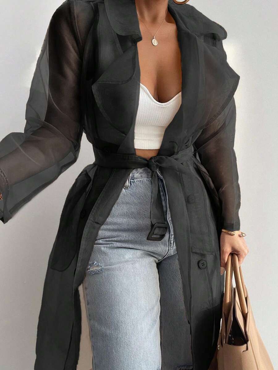 ChicMe Women's Sheer Mesh Long Sleeve See-Through Jacket Coat, Tie Front Button Down Long Windbreaker, Outdoor Apparel - Dark Grey - View 1