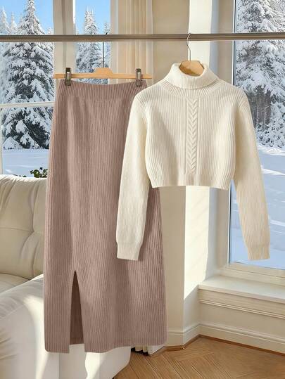 女士简约休闲浪漫纯色复古优雅通勤罗纹针织毛衣半裙套装，高领长袖毛衣，适合海滩、学校、办公室、日常穿着、约会、秋冬季等场合。