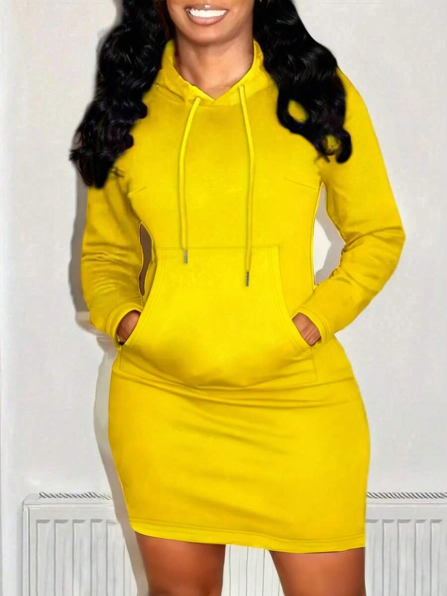 Kangaroo Pocket Drawstring Hoodie Dress,Long Sleeve Tops - Yellow - View 1