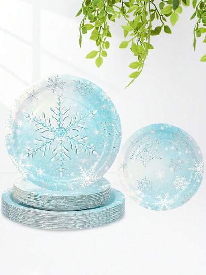 10pcs/20pcs/50pcs Winter Snowflake Paper Plates 7In 9 Inch Winter Wonderland Dessert Plates Dinner Plates Party Decoration Disposable Blue White Snowflake Dinnerware Tableware For Birthday Wedding Party Supplies