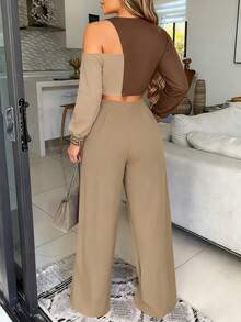 Casual Style Slim Stitching Printing Long-Sleeved Round Neck T-Shirt Shirt Woven Straight Trousers Ladies Summer Clothing Two Pieces Suit