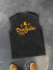 Zhuo Tianxi Men's Sleeveless Casual Washed Vintage Round Neck Tank Top - Black - View 2