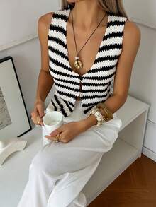 Chaleco de punto de mujer LUBI con diseño de bloques de color y rayas, sin mangas, escote en V profundo, corto, de tela transpirable, con parches superpuestos, con un toque sexy para la playa, uso diario, té de la tarde, Año Nuevo, Día de San Valentín, casual de verano - Multicolor - Ver 5