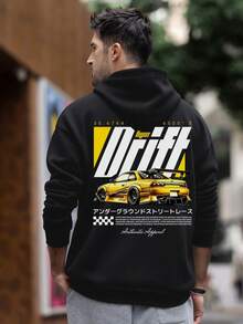 Krometka 男士连帽衫，新款秋冬 | 街头漂移赛车印花黑色百搭连帽卫衣 - 黑色 - 查看 2