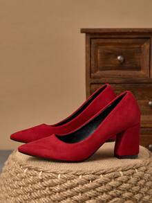 MonaNise Women's Pointed Toe 7cm Chunky High Heel Casual Party Dress Pumps, Versatile For All Seasons - Red - View 5