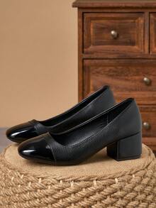 Black Patent Two-Tone Grain-Texture Square Toe Block Heel Pumps – 5cm - Black - View 3