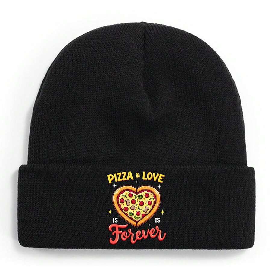 1pc Warm Winter Cap Pizza Love Forever-2 For Men & Women, Beanie Knit Cap For Autumn/Winter Hat, Windproof And Warm Head Cover, Ideal For Halloween Christmas Fashion Gifts. - 黑色 - 查看 1