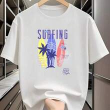 Camiseta Masculina Algodão 100% Estampado Pranchas Surfing Praia Palmeiras Mar Ondas Camisa Casual Viagem Básica - Branco - Visão 1
