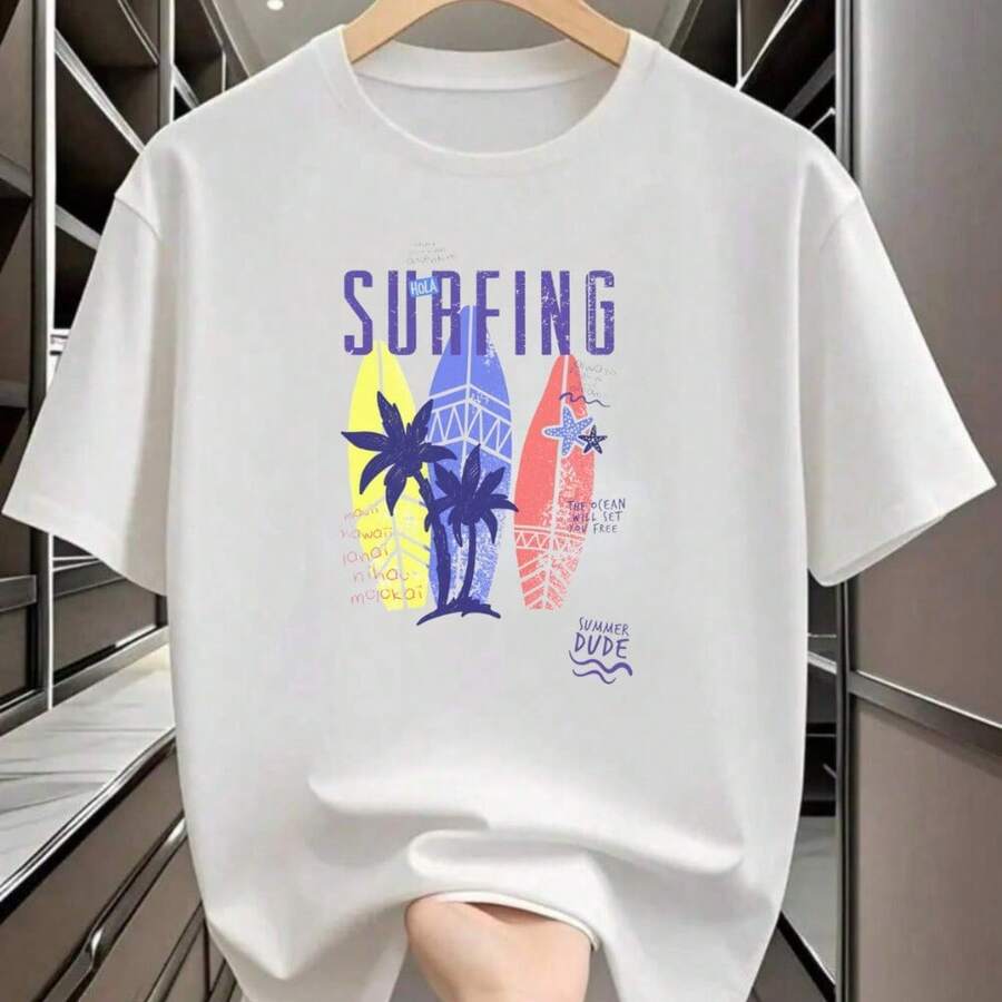 Camiseta Masculina Algodão 100% Estampado Pranchas Surfing Praia Palmeiras Mar Ondas Camisa Casual Viagem Básica - Branco - Visão 1