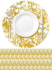 12/50/100pcs Disposable Gold Placemats, 13-Inch Round Metallic Mesh Table Mats, Foil-Pressed Table Coasters, Great For Table Setting, Wedding, Valentine's Day, Birthday Parties And Festival Decorations