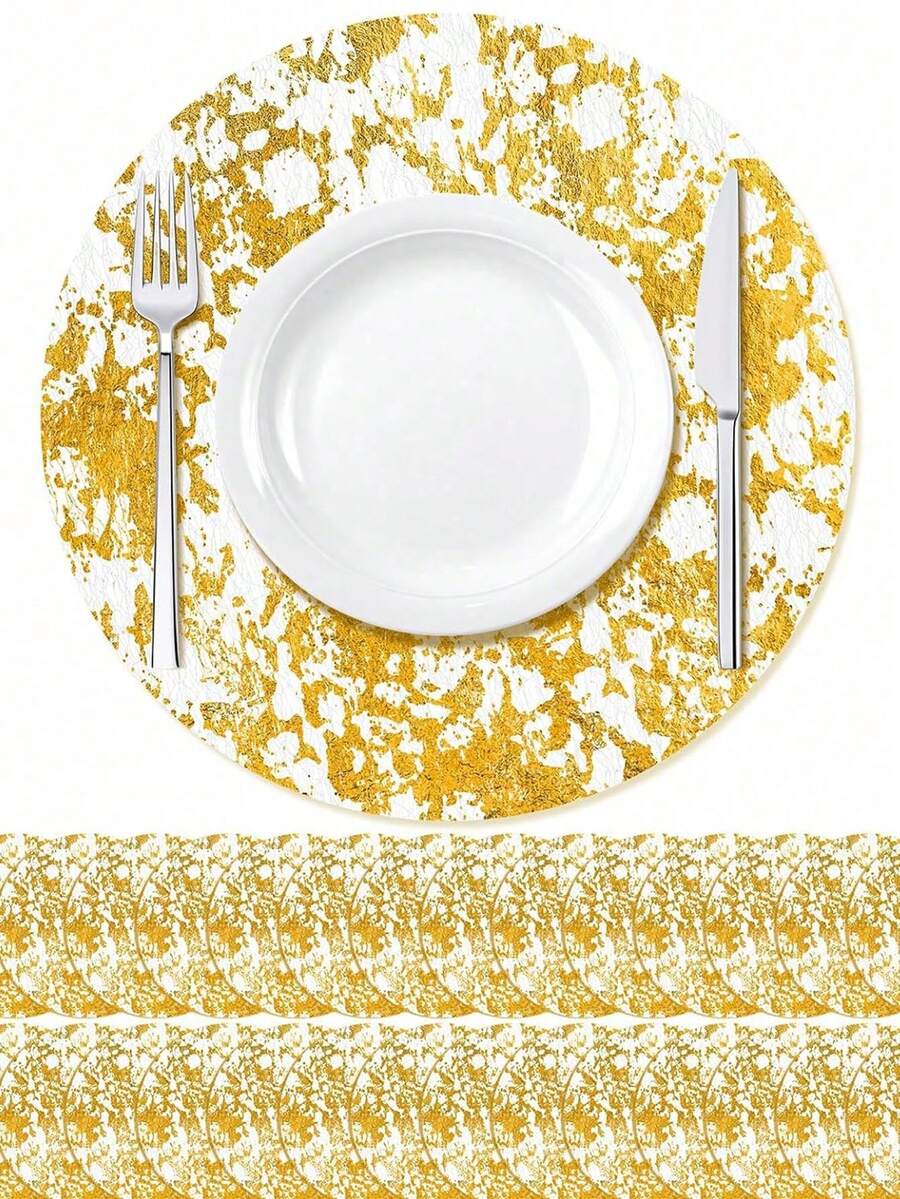 12/50/100pcs Disposable Gold Placemats, 13-Inch Round Metallic Mesh Table Mats, Foil-Pressed Table Coasters, Great For Table Setting, Wedding, Valentine's Day, Birthday Parties And Festival Decorations