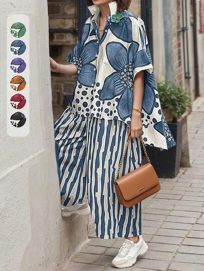 女士加大码波西米亚风度假印花两件套 - 短袖翻领不对称下摆衬衫 + 条纹阔腿裤，休闲夏季装扮，休闲服饰|印花上衣|质感，女士秋季优雅服装
