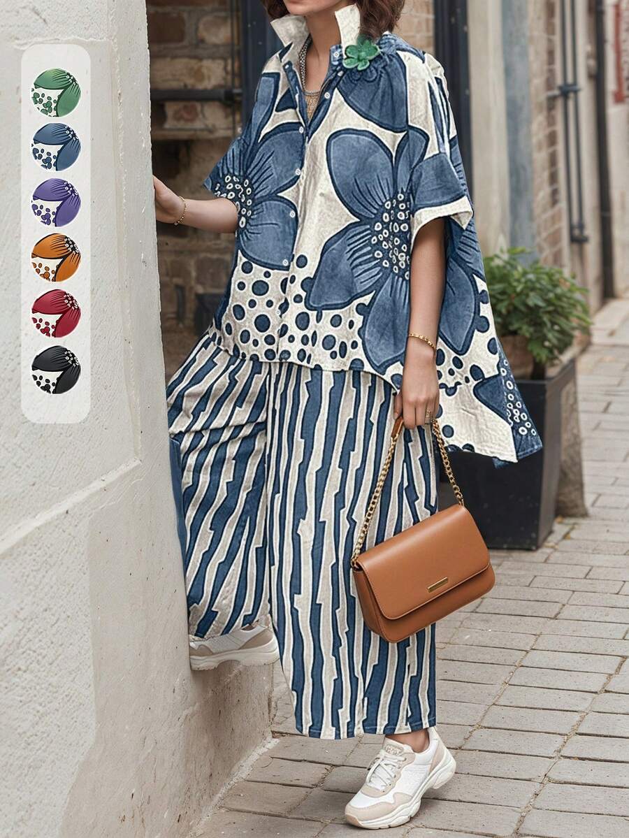 女士加大码波西米亚风度假印花两件套 - 短袖翻领不对称下摆衬衫 + 条纹阔腿裤，休闲夏季装扮，休闲服饰|印花上衣|质感，女士秋季优雅服装 - 藍色 - 查看 1