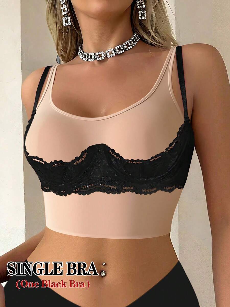 女士黑色性感蕾丝1/3罩杯文胸，可调节肩带，穿着舒适，建议选大一码。 - 黑色 - 查看 1